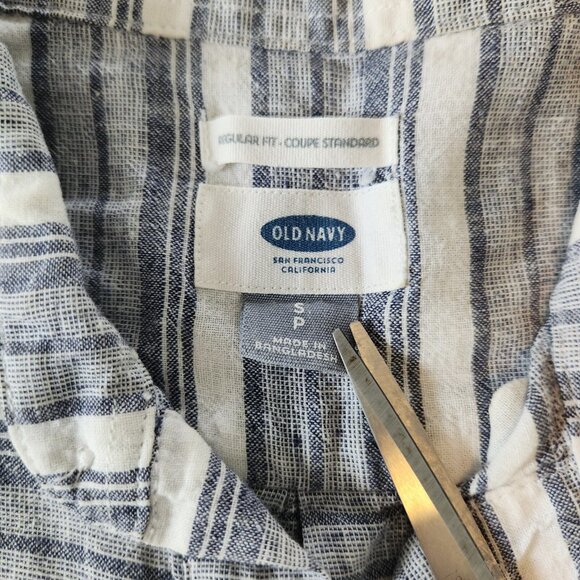Old Navy Linen Blend Polo Shirt Regular Fit Blue Striped Pocket Golf Small EUC - Picture 5 of 10